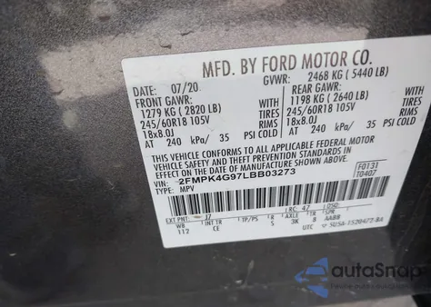 2020 Ford Edge Se из США, поврежденный, VIN 2FMPK4G97LBB03273